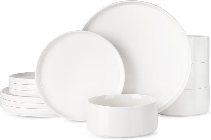 Famiware Porcelain Dinnerware Set, 12-Piece Modern Plate and Bowl Set, Dish Set for 4, Microwave and Dishwasher Safe Tableware, White