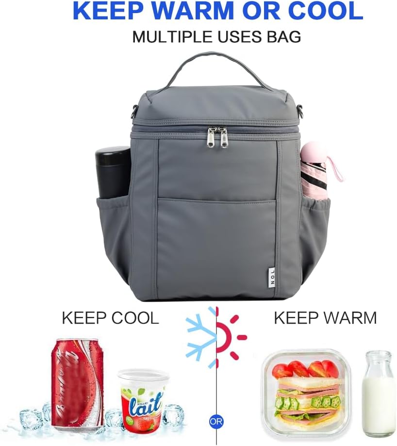 NOL Natural Organic Lifestyle Insulated Lunch Bags for Women Cooler Bag Lightweight Nylon Waterproof Lunch Box For Work (Dark gray, Large)