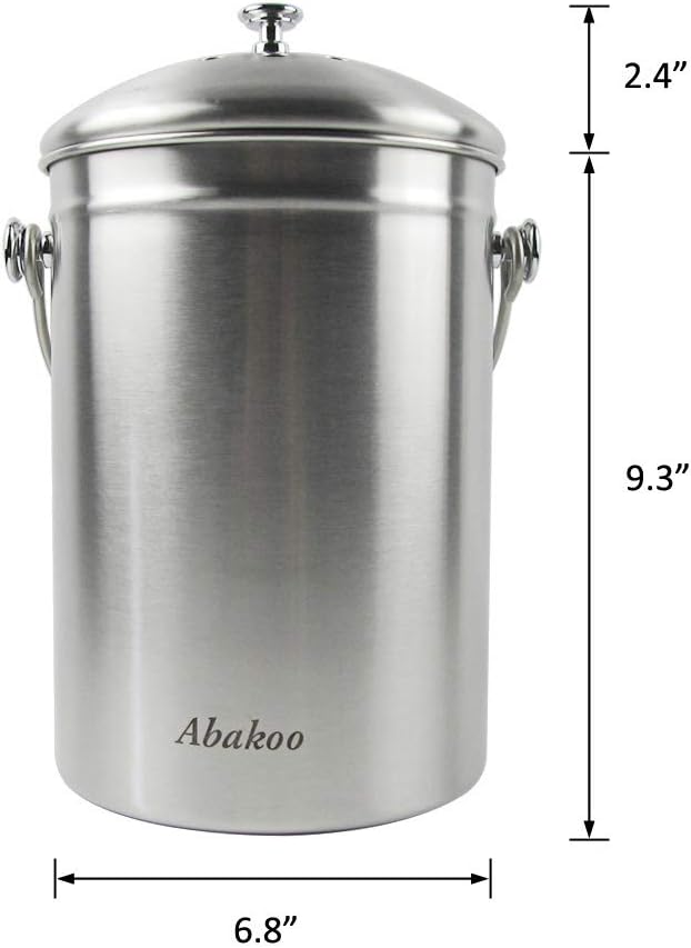 Abakoo 1.6 Gallon Compost Bin Indoor Countertop Kitchen Composter 304 Stainless Steel Waste Pail Kitchen Bin Pail - Includes 4 Filters