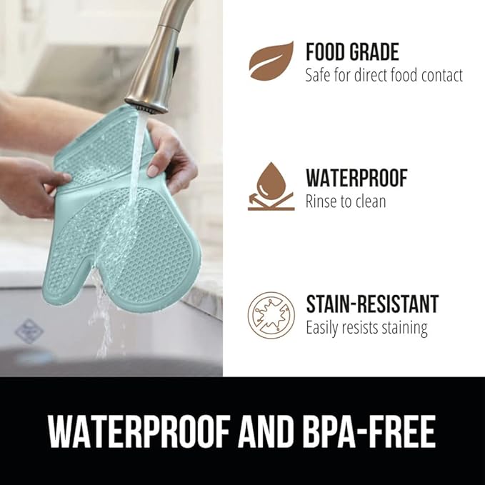 GORILLA GRIP BPA-Free Soft Silicone Oven Mitts and Pot Holders Sets of 4, Heat Resistant Waterproof Cooking Gloves, Thick Cotton Lining, Flexible Gripping for Baking Grilling, Kitchen Trivets, Mint