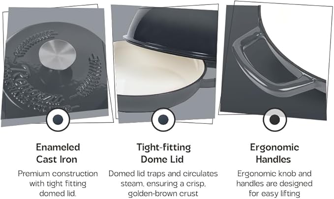 Enameled Cast Iron Dutch Oven Pot with Lid - Dutch Oven for Sourdough Bread Baking - With 5 Blade Bread Lame & Non-Stick Silicone Sling perfect for Sourdough Breads & more. Cast Iton Enamel Braiser Pan with Lid (GREY, 6 Quart Sourdough Pot)