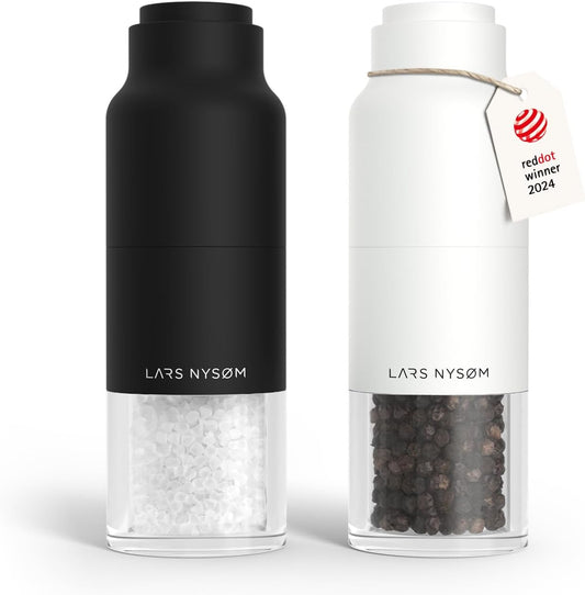 LARS NYSØM Salt and Pepper Grinder Set, Stainless Steel Manual Salt and Pepper Mills, Adjustable Ceramic Grinder, Design Spice Shakers (Black/White)