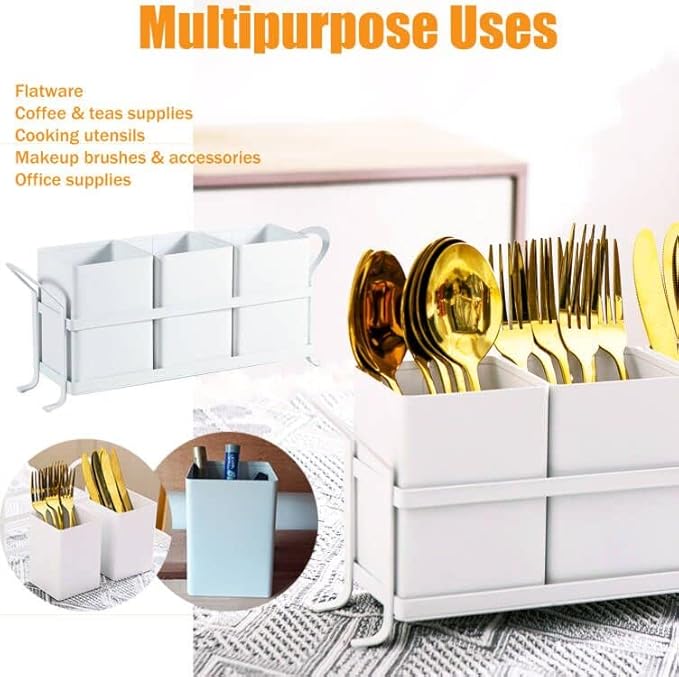 White Metal Utensil Caddy, 3 Compartments, Portable Design, Perfect for Countertop, Outdoor, and Camping