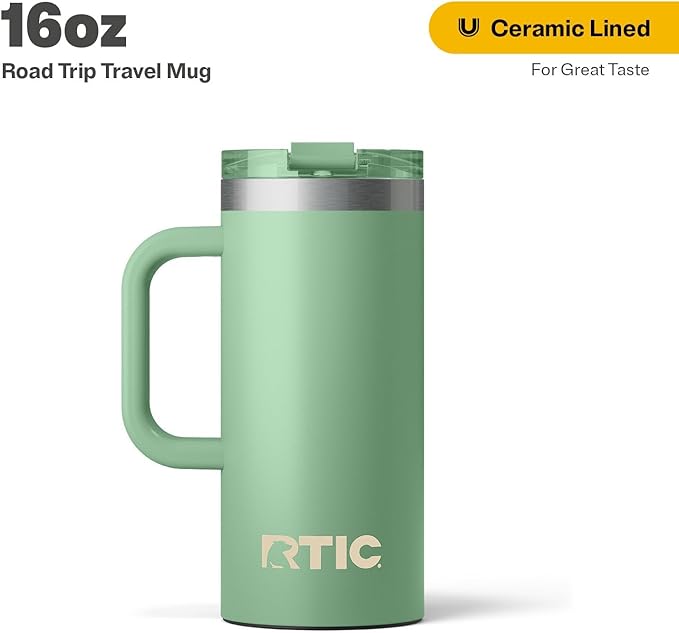 RTIC 16oz Road Trip Travel Mug with Lid and Handle, Ceramic Lined, Insulated, Stainless Steel, Metal, Double Wall Vacuum-Insulation, Portable Coffee, Tea Cup for Hot and Cold Drink, Sage