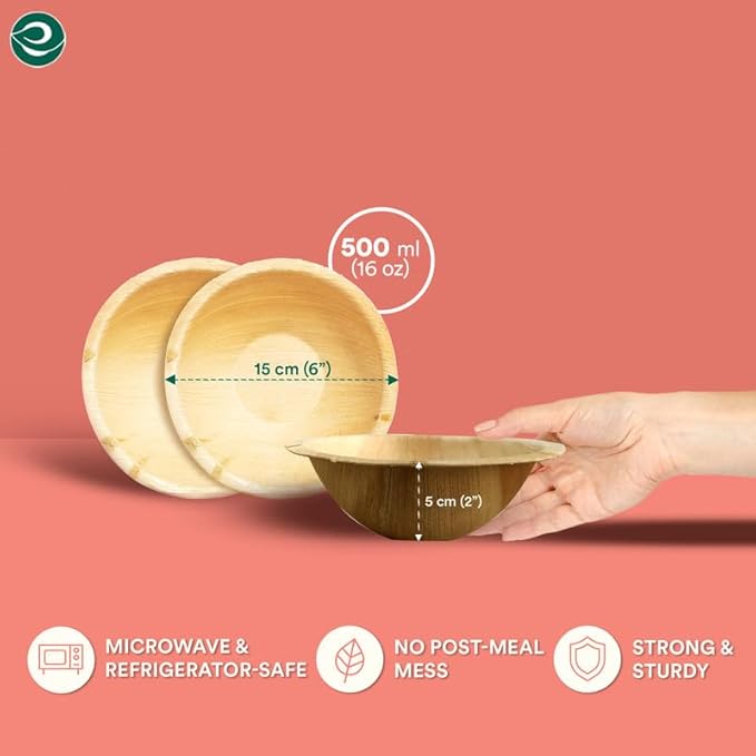 ECO SOUL 100% Compostable, Biodegradable, Disposable Palm Leaf Bowls, Like Bamboo Bowls, Eco-friendly | Sturdy, Microwave & Oven Safe (50, Large 6" (16 Oz) | Round)