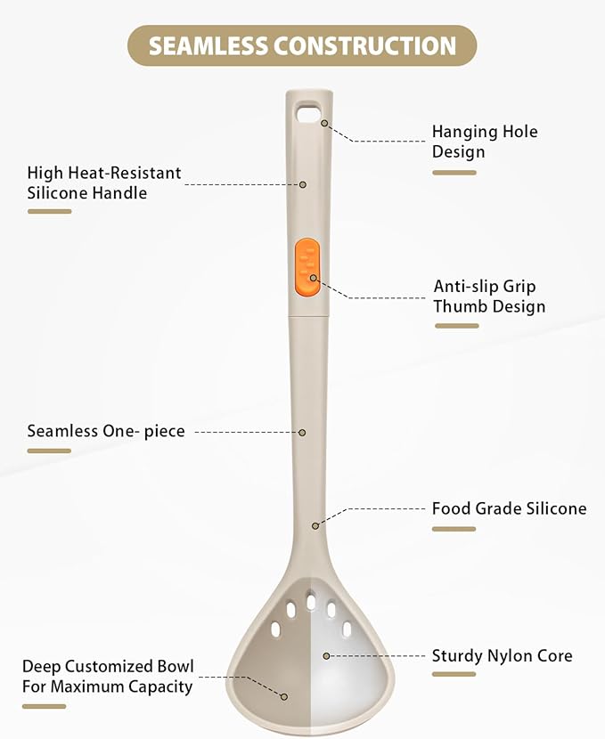 Silicone Pasta Fork and Ladle Spoon Set, Large Non Stick Kitchen Utensils for Cooking,Stirring,One Piece Serving Spaghetti, Soup, Sauce (KHAKI)