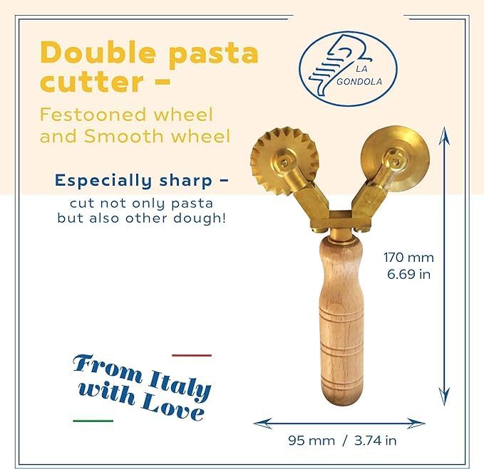 La Gondola Homemade Pasta Cutter - Double Wheel (Festooned & Smooth) | Pasta Making Tool for Home and Business | Brass & Natural Wood | Easy to Use Pasta Cutting Tool | Ravioli Cutter Made in Italy