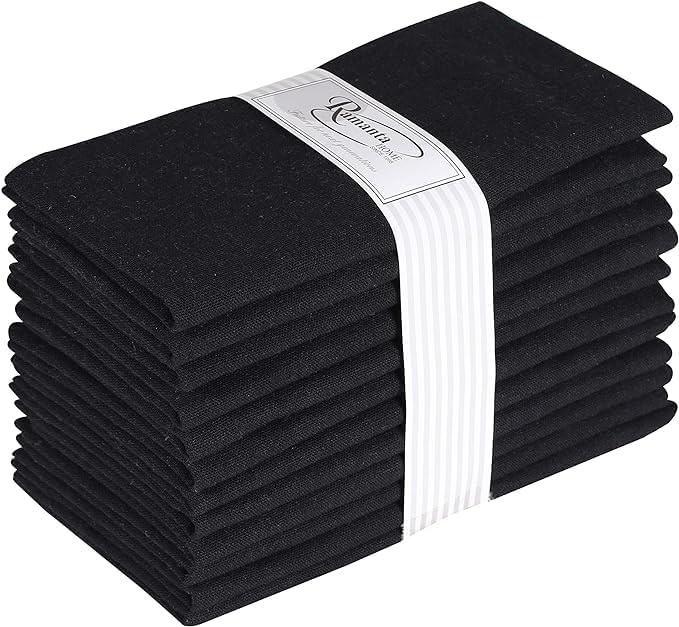 Ramanta Home Black Cotton Dinner Napkins Set of 12 | 100% Cotton 18x18 Inch Cloth Napkins | Reusable Fabric Table Napkins for Everyday Use, Parties, Weddings, Thanksgiving, Christmas, Halloween
