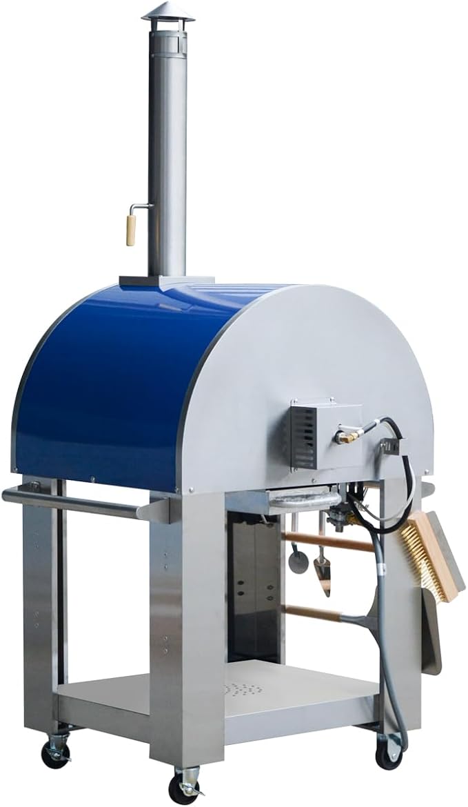 32.5" Propane Gas and Wood Fired Pizza Oven with Waterproof Cover, Large Outdoor Oven with Open Shelf and Wheels for BBQ, Grilling, Stainless Steel Pizza Oven for Outdoor, Backyard and Party (Blue)