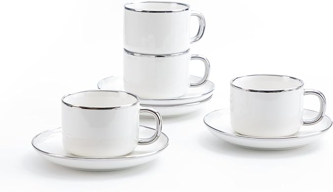 Tea Cups and Saucers with Silver Trim, 6.76 Ounce White Porcelain Tea Set & Coffee Cups for Latte, Cafe Mocha - Set of 4, Porcelain Mugs for Kitchen or Cafe (White and Silver)