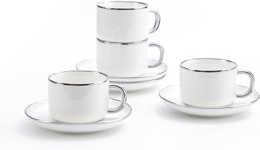 Tea Cups and Saucers with Silver Trim, 6.76 Ounce White Porcelain Tea Set & Coffee Cups for Latte, Cafe Mocha - Set of 4, Porcelain Mugs for Kitchen or Cafe (White and Silver)