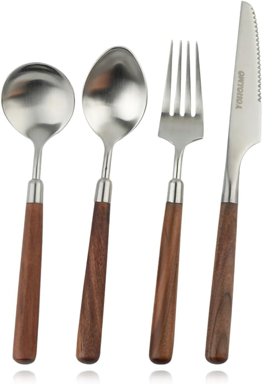 4-Piece Wood Handle Silverware Set - Service for 1, Natural Walnut Wood & 304 Stainless Steel Flatware, Elegant Brushed Finished Brown/Silver Cutlery (1 Set-4 Piece)