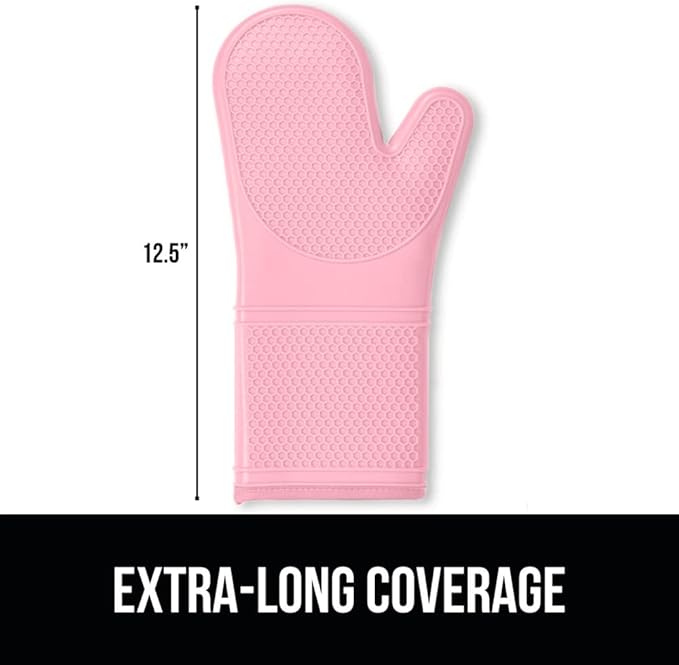 GORILLA GRIP BPA-Free Soft Silicone Oven Mitts, Heat Resistant and Waterproof Cooking Gloves, Thick Cotton Lining, Flexible Gripping for Baking Grilling, Kitchen Potholders Set of 2, 12.5x8.3, Pink