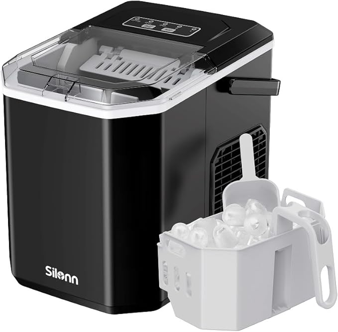 Silonn Ice Maker Countertop Machine with Handle, 26lbs in 24h, 9 Ice Cubes Ready in 6 Mins, Self-Cleaning Ice Makers with Basket and Scoop, Ideal for Home, Kitchen, Camping, RV