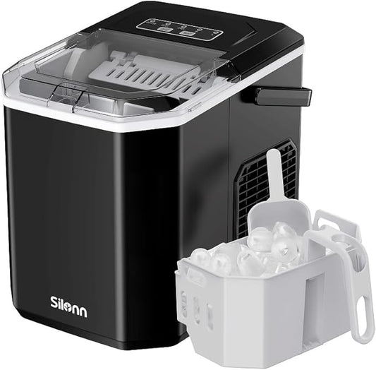 Silonn Ice Maker Countertop Machine with Handle, 26lbs in 24h, 9 Ice Cubes Ready in 6 Mins, Self-Cleaning Ice Makers with Basket and Scoop, Ideal for Home, Kitchen, Camping, RV