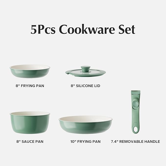 Redchef Pots and Pans Set Non Stick, Ceramic Cookware Set, Stackable Pots Pans, Non Toxic, PFAS/PFOA/PTFE Free, Induction Kitchen Cooking Set with Removable Handles, Dishwasher Safe, Green