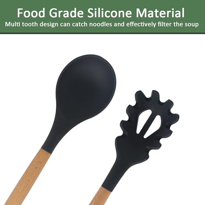 Silicone Pasta Fork and Silicone Cooking Spoon Set, Large Non Stick Kitchen Utensils for Cooking, Stirring, Serving Spaghetti, Soup, Sauce