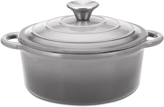 Hamilton Beach 3-Quart Enameled Cast Iron Dutch Oven with Lid | Cream Interior for Even Heat Distribution, Gray