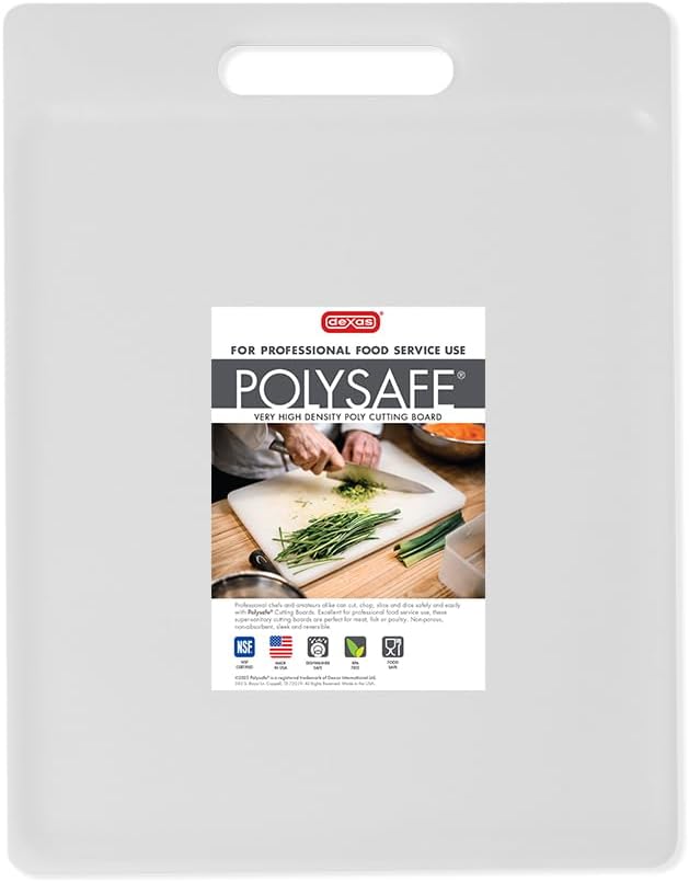 Dexas NSF Certified Polysafe Cutting Board with Handle, 8.5 x 11 Inches, Reversible Kitchen Cutting Board, White
