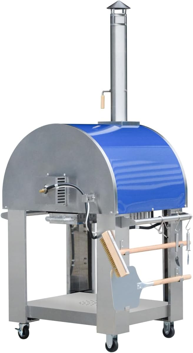 32.5 inch Wood Fired and Propane Gas Pizza Oven for Outdoor Kitchen in Stainless Steel, Large Pizza Oven for Outside, Yard and Party (Blue with Cover)