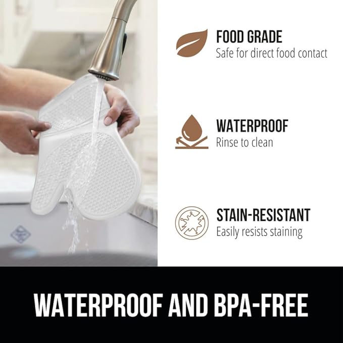 GORILLA GRIP BPA-Free Soft Silicone Oven Mitts and Pot Holders Sets of 4, Heat Resistant Waterproof Cooking Gloves, Thick Cotton Lining, Flexible Gripping for Baking Grilling, Kitchen Trivets, White