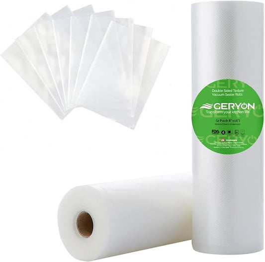 GERYON Vacuum Sealer Bags for All Food Vacuum Sealer Machine, 2 Pack 8" x 16' Vac Sealer Rolls, Commercial Grade BPA-Free Material for Sous Vide & Saver Storage
