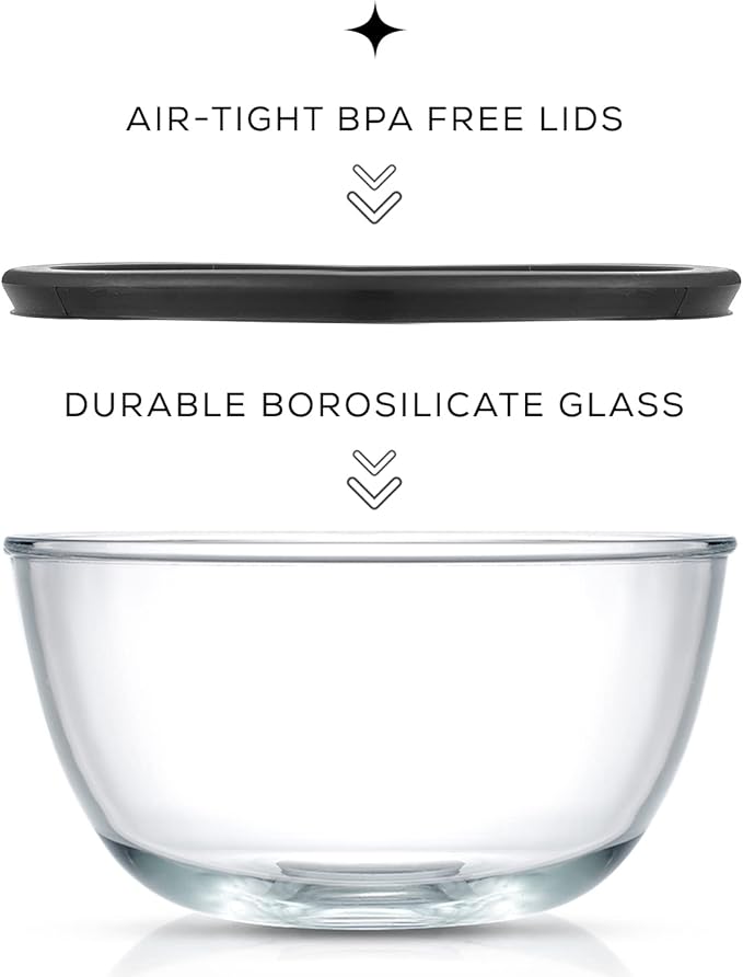 JoyJolt Kitchen Mixing Bowls - 8pc Glass with Lids Set – Neat Nesting Large Bowl Batter Cooking Storage and Big Salad BPA-Free Black