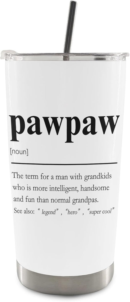 QASHWEY Pawpaw Gifts Coffee Tumbler - Grandpa Paw Paw Gifts from Grandkids Travel Tumbler Coffee Mug, Gift for Pawpaw Fathers Day, Pawpaw Definition Stainless Steel Tumblers with Straw and Lid 20 oz