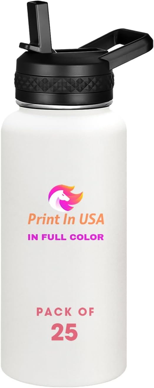 Personalized Custom Print in USA Water Bottle 25Pcs 32oz Stainless Steel Double Wall Coffee Cup with Lid & Straw Insulated Tumbler with Colorful Text Logo Photo