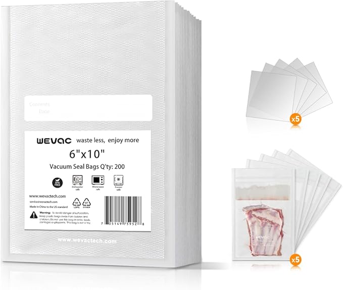 Wevac 6" x 10" Precut Vacuum Sealer Bags, 200 Count, Includes 5 Liquid Block Bags & 5 Bone Guard Pieces, Heavy Duty for Food Storage, Sous Vide & Meal Prep