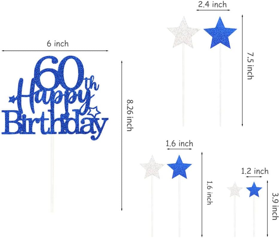 Glittery 60th Happy Birthday Cake Topper with Star,Personalised 60 Birthday Cake Toppers Party Decorations Party Supplies for Men Women Blue
