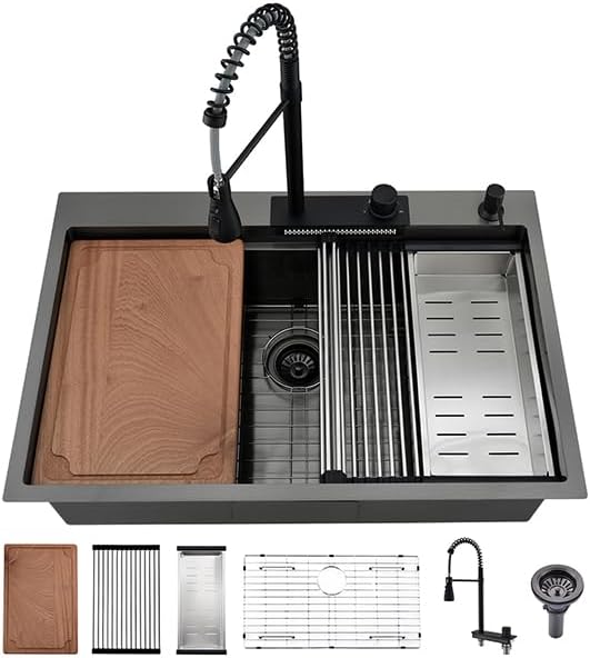Black Kitchen Sink with Waterfall Faucet Combo, 33x22 Drop in Kitchen Sink with Faucet Stainless Steel 16 Gauge Single Bowl Modern Ledge Workstation