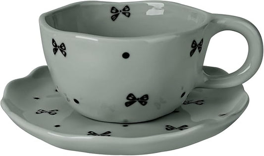 Koythin Ceramic Coffee Mug with Saucers, Handmade Flowers Mugs, Cute Cup for Girl Women, Aesthetic Tea Milk Cup with Handle, 8.5 oz/250 ml for Latte, Cocoa, Office, Home (Grey Small Bow)