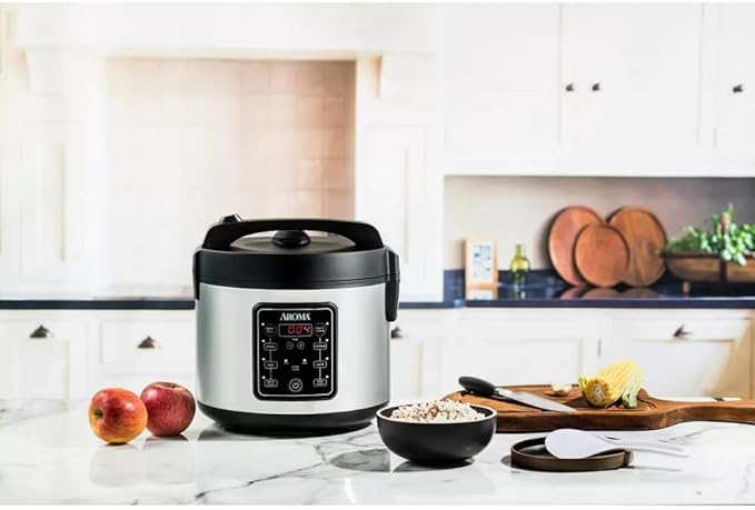 Aromas 20-Cup Digital Rice Cooker and Multi Cooker, Stainless Steel, Programmable Rice Cooker with Steamer, Slow Cook and Keep Warm Functions, 700W Kitchen Appliance