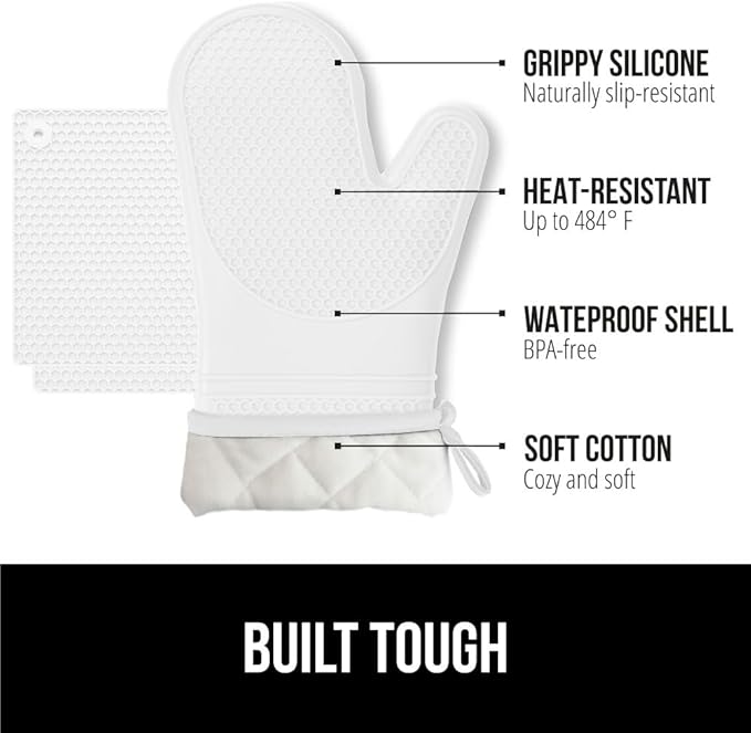 GORILLA GRIP BPA-Free Soft Silicone Oven Mitts and Pot Holders Sets of 4, Heat Resistant Waterproof Cooking Gloves, Thick Cotton Lining, Flexible Gripping for Baking Grilling, Kitchen Trivets, White