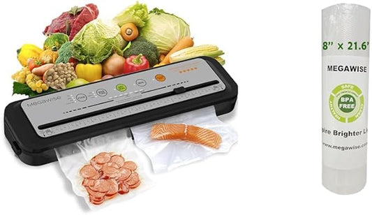 2023 Updated Vacuum Sealer Machine, MEGAWISE Food Sealer w/Starter Kit, Dry & Moist Food Modes, Compact Design with 10 Vacuum Bags & Bulit-in Cutter(Grey) & Vacuum Sealer Bags (8''x 21.6')