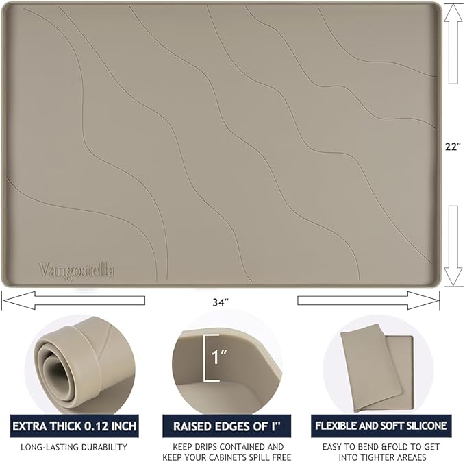 Heavy Duty Silicone Under Sink Mats for Kitchen Waterproof 37" x 19", Extra Thick Under Sink Rubber Mat Drip Tray, Raised Edge Under Sink Liner,Prevent Drips, Leaks, Spills,Brown