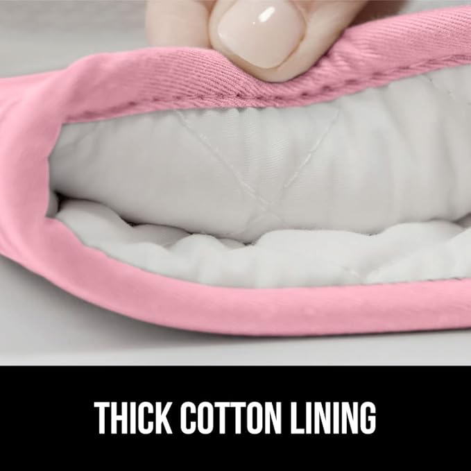 GORILLA GRIP BPA-Free Soft Silicone Oven Mitts, 14.5x8.3, Heat Resistant and Waterproof Cooking Gloves, Thick Cotton Lining, Flexible Gripping for Baking Grilling, Kitchen Potholders Set of 2, Pink