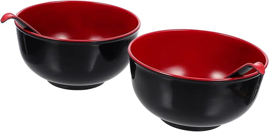 Uonlytech Melamine Ramen Bowl with Spoons Black and Red Multi-function Soup and Rice Bowls Easy-clean Kitchen Tableware for Salad Noodles and Asian Cuisine