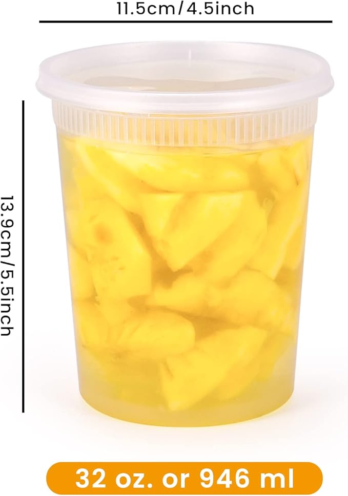 32oz Plastic Deli Food Storage Soup Containers with Airtight Lids, Extra-Thick, Slime, Soup, Leakproof,Stackable,Microwave/Freezer/Dishwasher Safe, BPA Free (24Pack)
