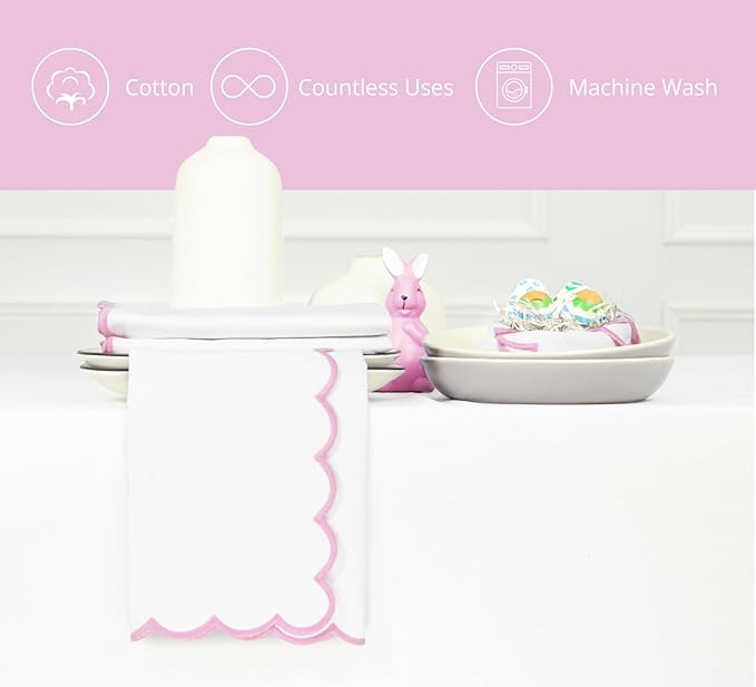 PurpleEssences Scalloped Embroidery Cloth Napkins Christmas Holiday Winter Table Decor 100% Cotton Set of 4-18 x 18 inch - White - Edges - Blush Pink