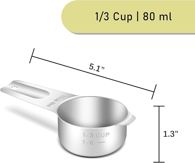2PCS 1/3Cup (80ml, 2.7oz) Single Measuring Cup, Stainless Steel Measure Scoop, Metric and US Measurement, Heavy Duty, Dishwasher Safe