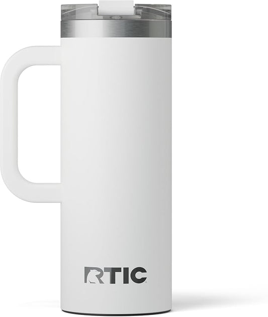 RTIC 20oz Road Trip Travel Mug with Lid and Handle, Ceramic Lined, Insulated, Stainless Steel, Metal, Double Wall Vacuum-Insulation, Portable Coffee, Tea Cup for Hot and Cold Drink, White