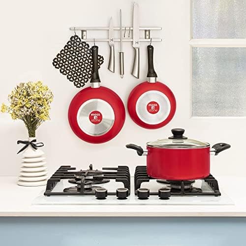 Moss & Stone 3 Peice Pots & Pans Set Nonstick Cookware Set, Aluminum Pots and Pans, Red Pots and Pans Set with Glass Lid, Dishwasher Safe, Cooking Set