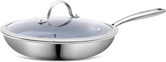 Stainless Steel Non Stick Frying Pan,10 Inch Healthy Non Toxic Ceramic Coating Cookware with Lid,Works on Induction, Electric Stove and Gas Cooktops,PTFE PFAS PFOA Free Skillet,Dishwasher&Oven Safe