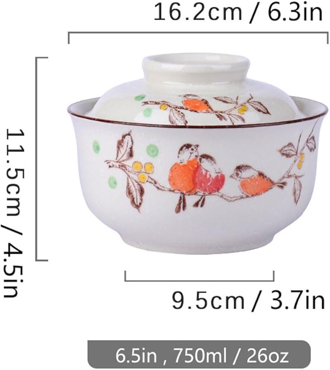 Ceramic Ramen Bowl Set, 800ml, with Lid, Spoon and Chopsticks, Japanese Vintage Large Soup Bowls Instant Noodle Bowl Asian Tableware (Bird*1)