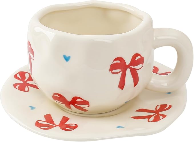 Koythin Ceramic Coffee Mug with Saucer Set, Cute Red Big Bow Cup Unique for Office and Home, 10 oz/300 ml for Latte Tea Milk