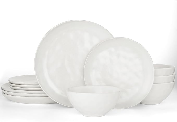 Famiware Dinnerware Sets for 4, Ocean Round 12-Piece Kitchen Plates and Bowls Sets, Microwave and Dishwasher Safe, Scratch Resistant, Matte White