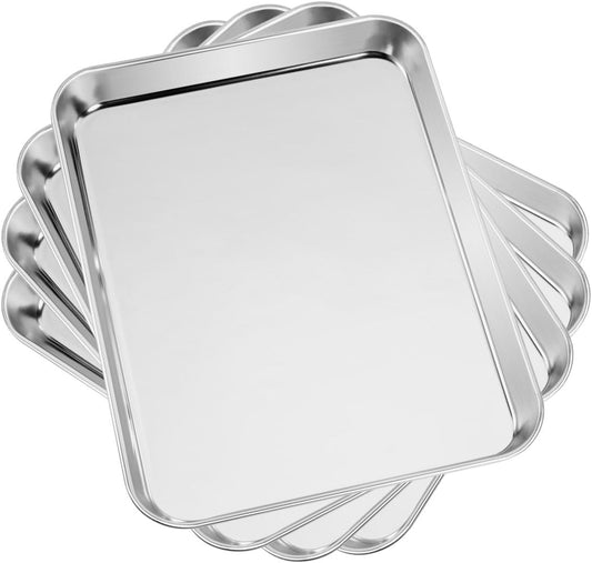Baking & Cookie Sheets Set of 4, Yododo Stainless Steel Compact Toaster Oven Pan Tray Ovenware Professional, Size 10.23 x 8.26 x 1 inch, Heavy Duty, Deep Edge, Superior Mirror Finish, Dishwasher Safe