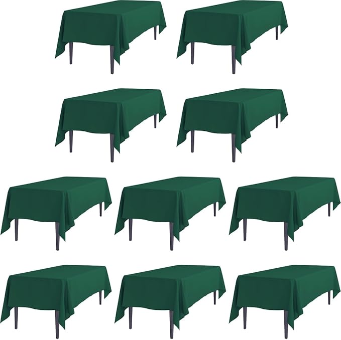 LTC LINENS 10 Pack Hunter Green Rectangular Tablecloths 70 x 120 Inch for 6 or 8ft Rectangle Banquet Tables with Half-Drop - Stain and Wrinkle Resistant Polyester Cloth Table Covers for Wedding, Party